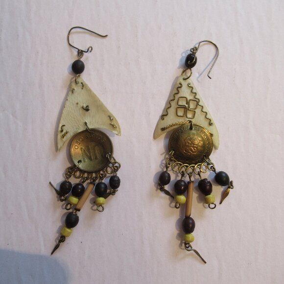 Vintage, Peruvian Coin earrings, Seed Beads, Gold Tone, Natural, Handmade - Picture 6 of 8